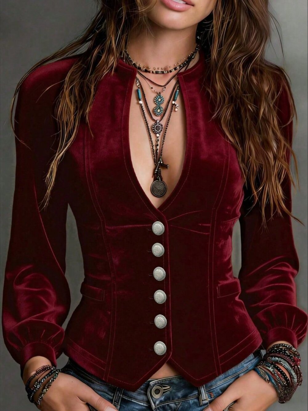 Burgundy Elegant Women's Velvet Tops V-Neck Long Sleeve Blouse